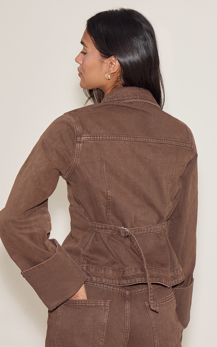Brown Turn Up Cuff Cinched Back Denim Jacket image 2