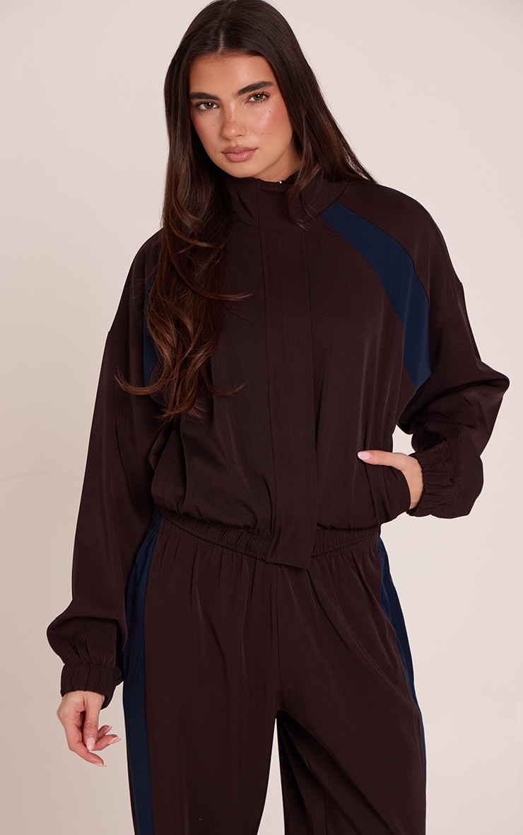 Chocolate Tricot Contrast Stripe Funnel Neck Jacket