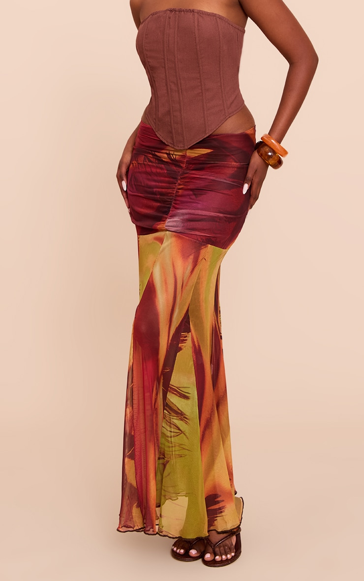 Orange Printed Mesh Overlay Maxi Skirt image 2