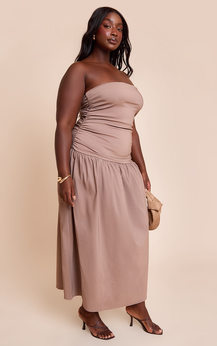 Plus Taupe Stretch Woven Bandeau Ruched Maxi Dress image 3
