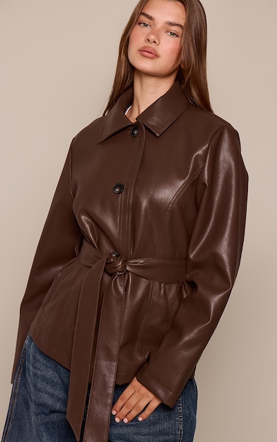 Chocolate Faux Leather Tie Waist Jacket