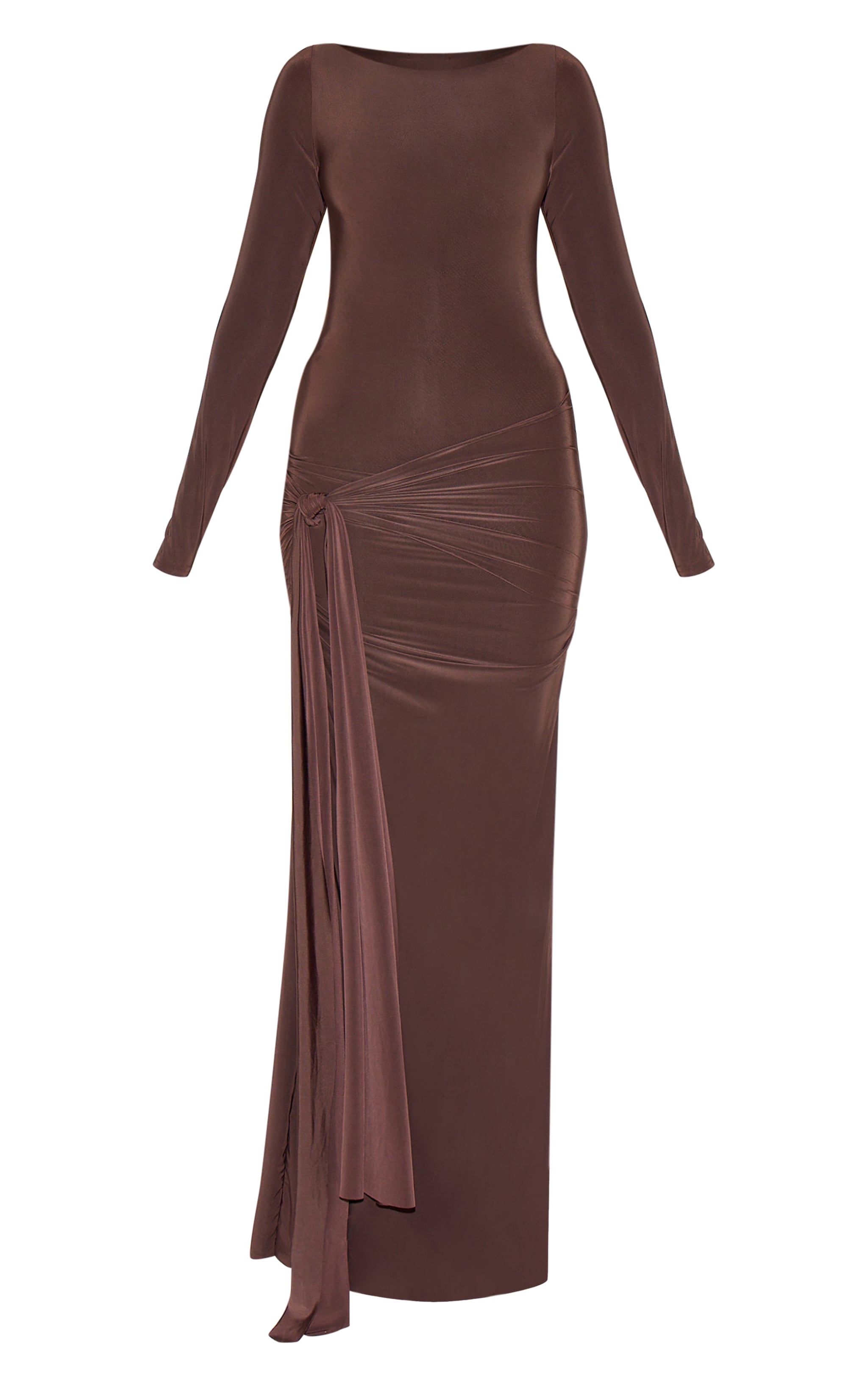 Chocolate Double Layer Slinkyy Drop Waist Knot Detail Maxi Dress image 5