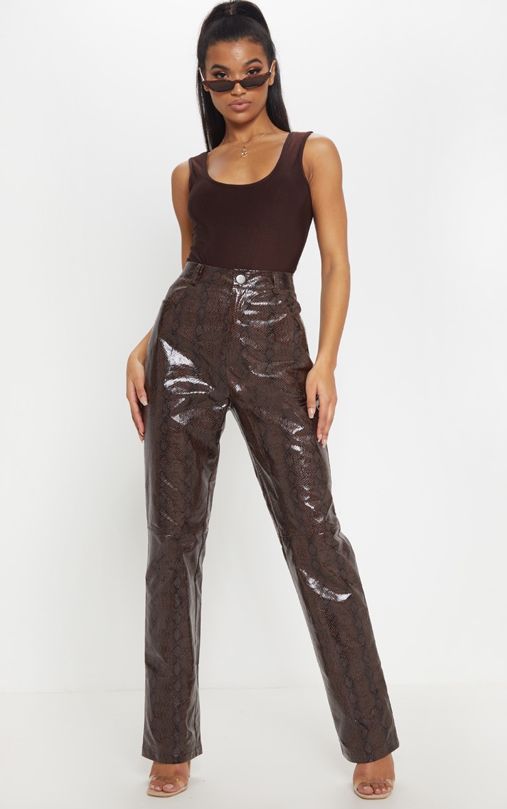 Brown Faux Leather Snakeskin Straight Leg Trouser