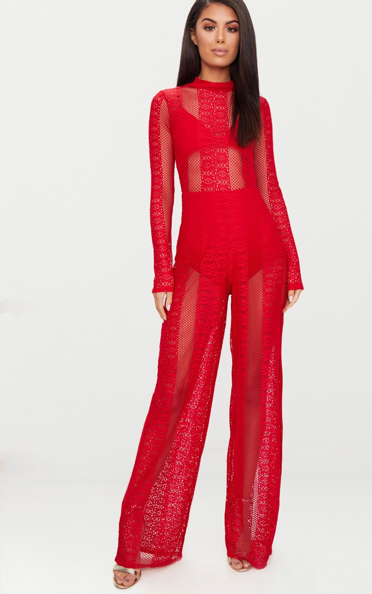 Red Lace High Neck Bra Insert Jumpsuit PrettyLittleThing