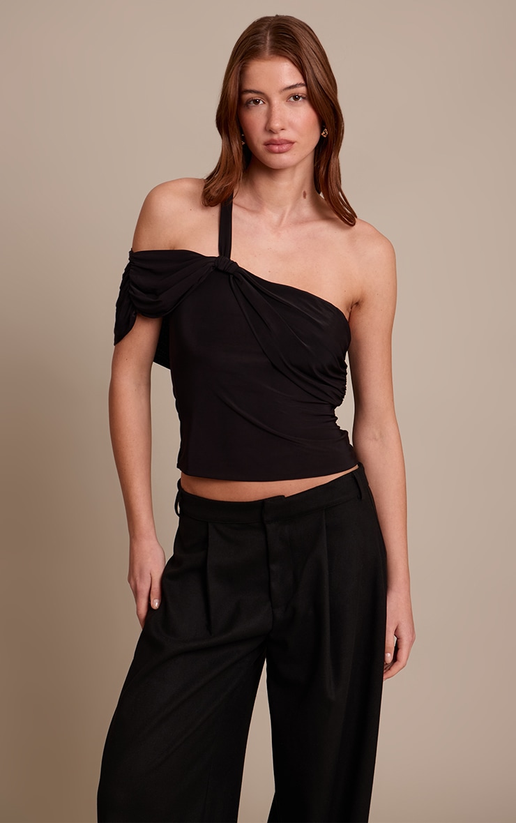 Black Double Layer Slinky Abstract Sleeve Detail Top  image 1