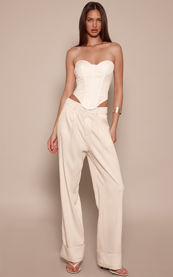 Cream Woven Oversized Turn Up Hem Straight Leg Pants