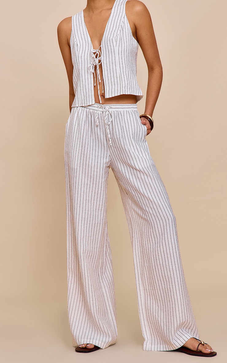 Cream Pinstriped Drawstring Wide Leg Pants image 2