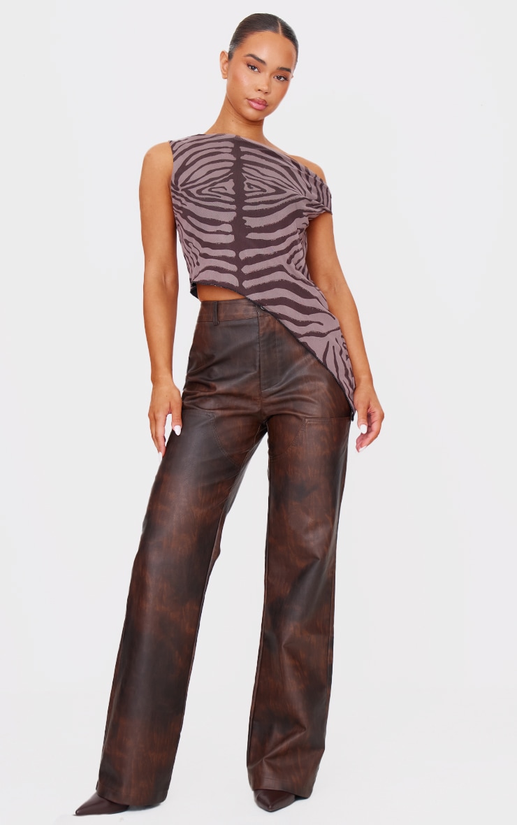 Brown Zebra Asymmetric Neck Mesh Top image 3