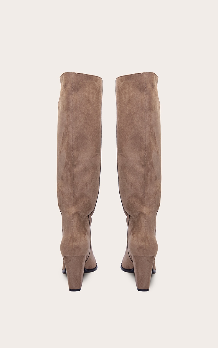 Taupe Faux Suede Point Toe Block Heeled Knee High Boots image 4