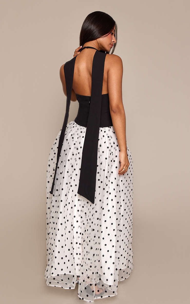 Petite Black Polka Dot Halterneck Scarf Dropped Waist Mesh Maxi Dress image 2