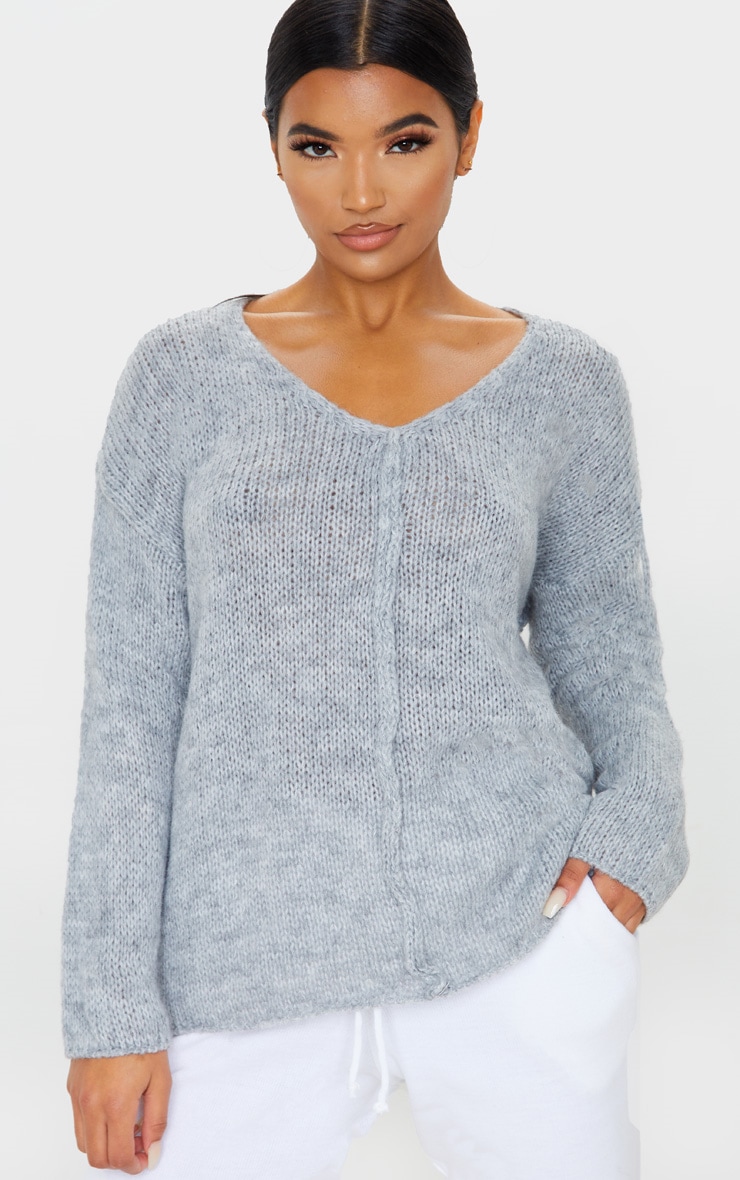 Grey Seam Front V Neck Jumper