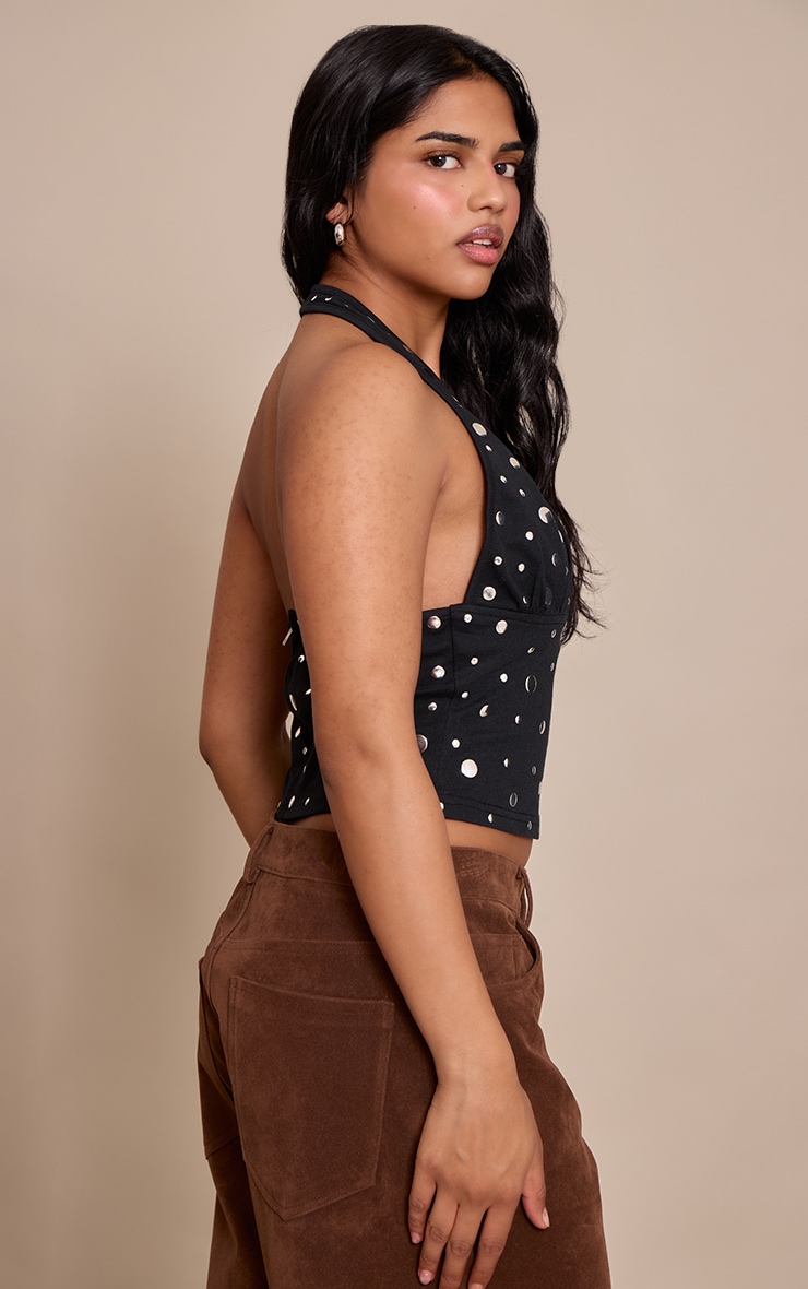 Petite Black Halterneck Stud Detail Crop Top image 2