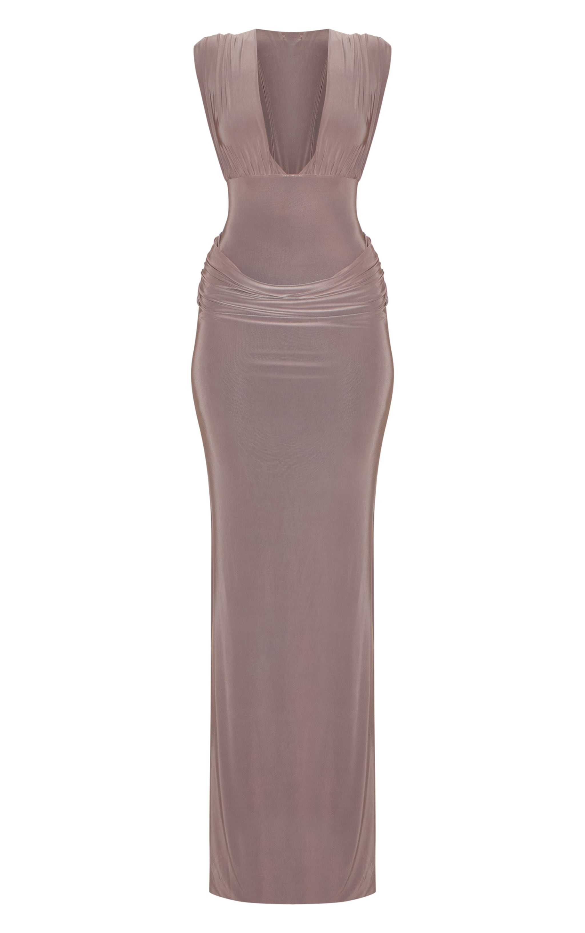 Taupe Double Layer Plunge Ruched Shoulder Drape Waist Maxi Dress image 5
