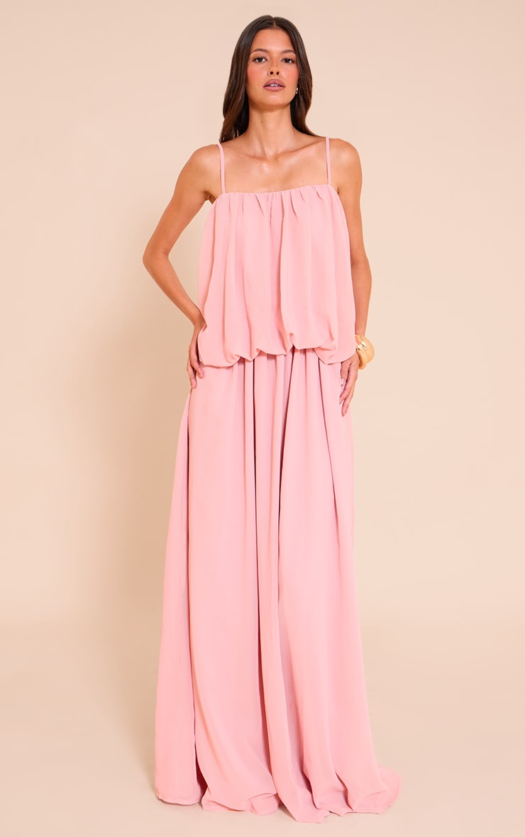 Robe longue en mousseline de soie rose pâle à étage bouffant image 1