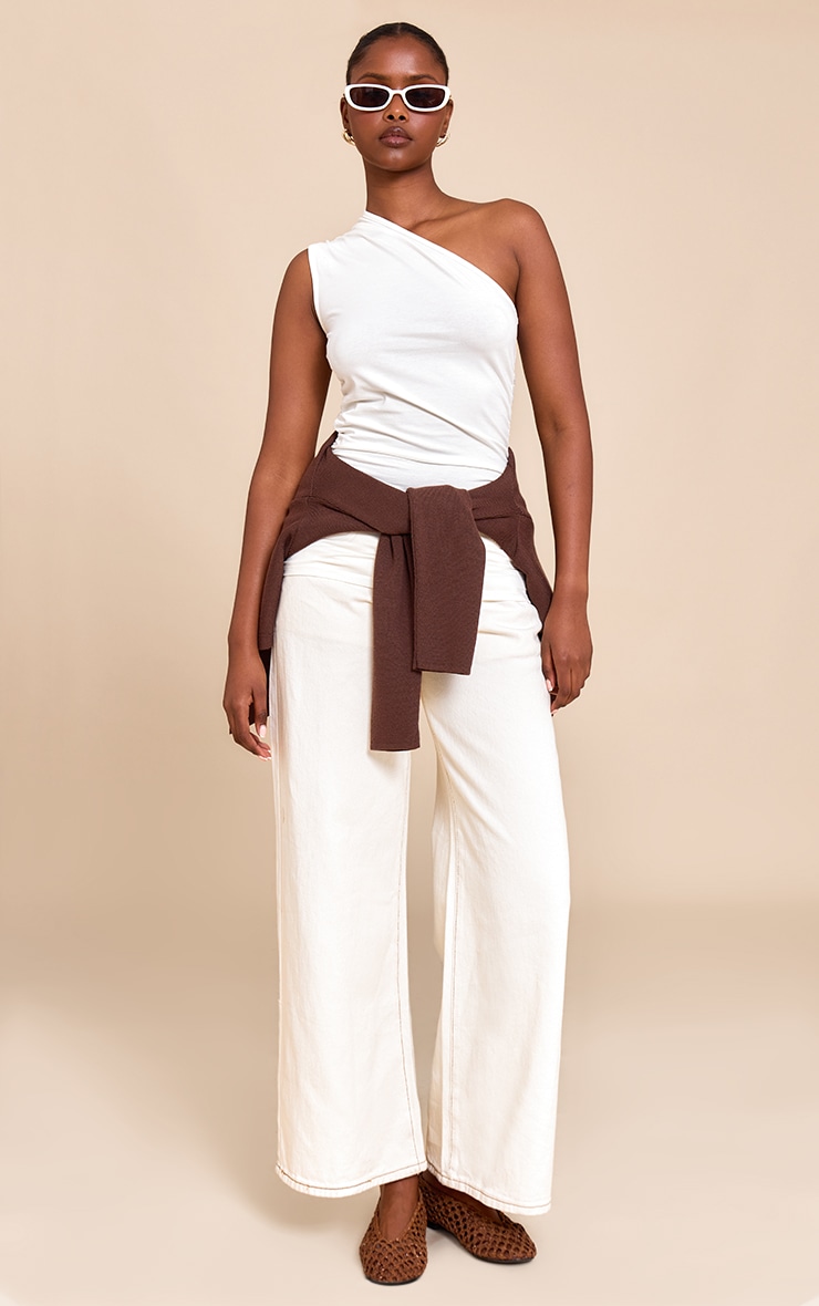 Cream Asymmetric Ruched Sleeveless Long Top image 3