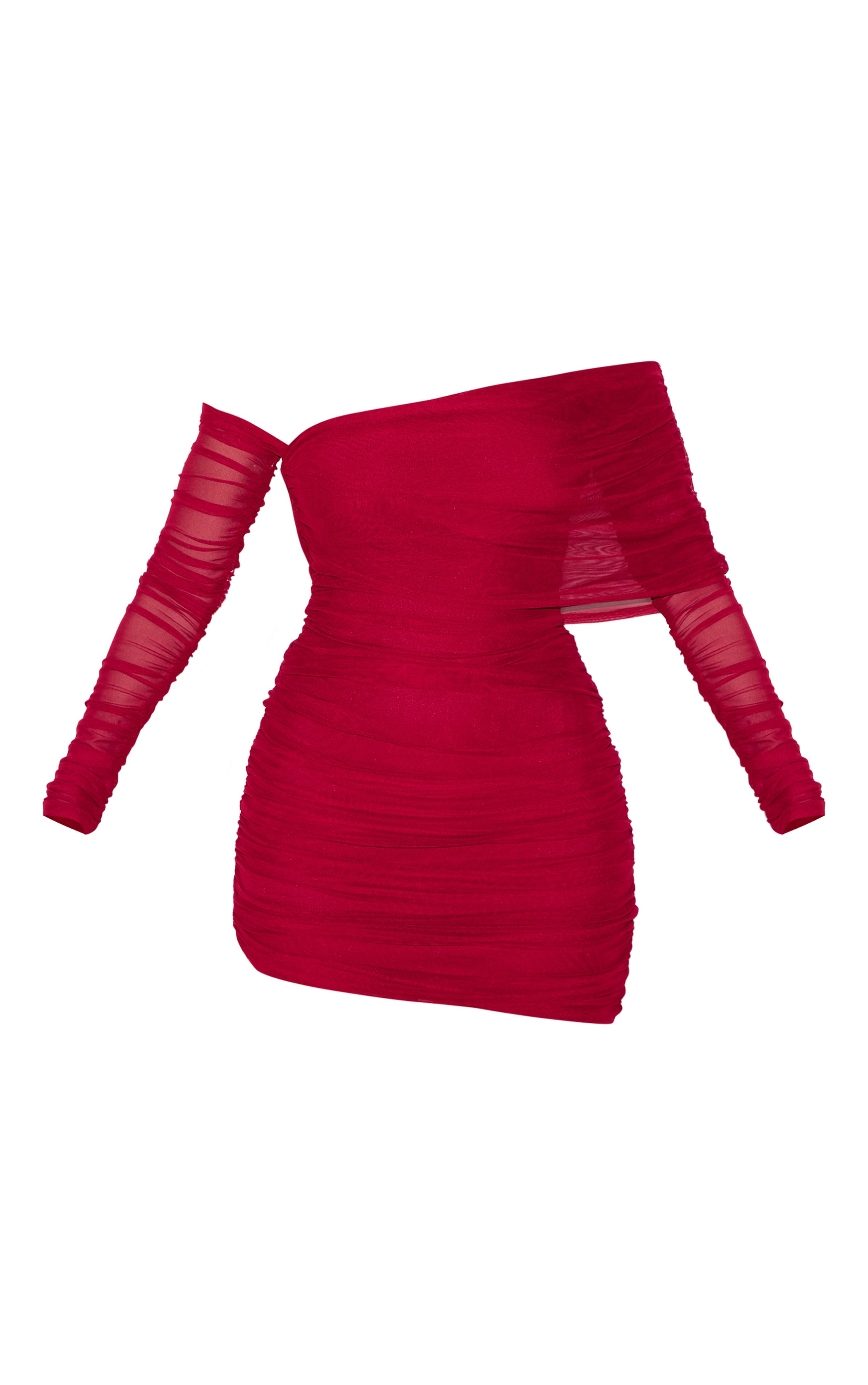  Burgundy Layered Mesh Asymmetric Long Sleeve Mini Dress image 5