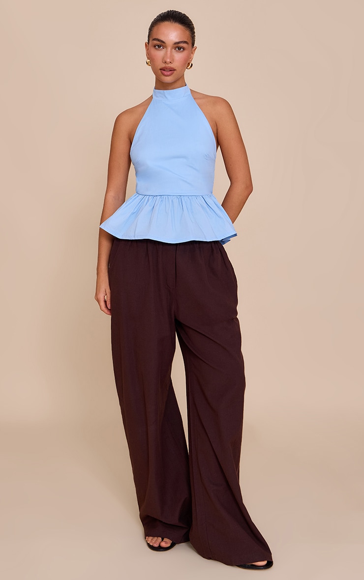 Blue Cotton Highneck Backless Long Top image 3