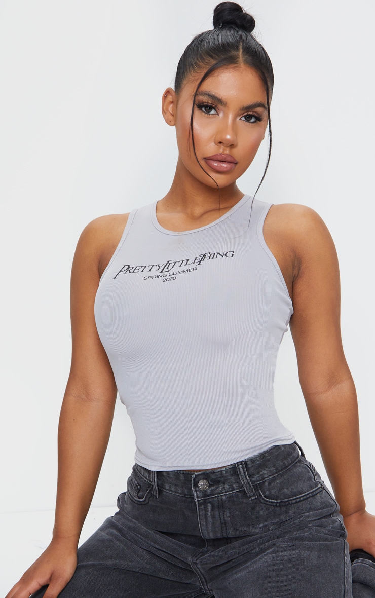 PRETTYLITTLETHING Grey SS20 Printed Rib Vest