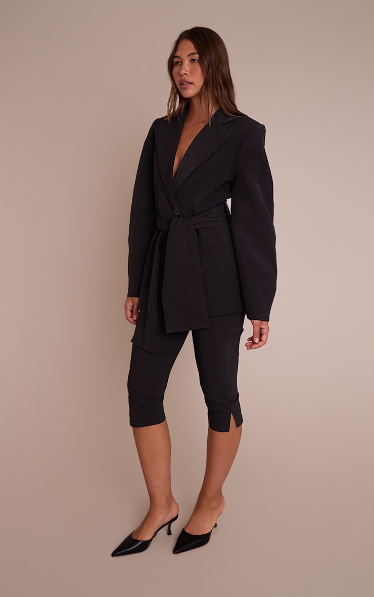 Black Gathered Wrap Waist Belted Blazer image 3