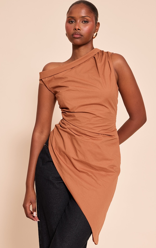 Burnt Orange Cotton One Shoulder Ruched Extreme Asymmetric Hem Top