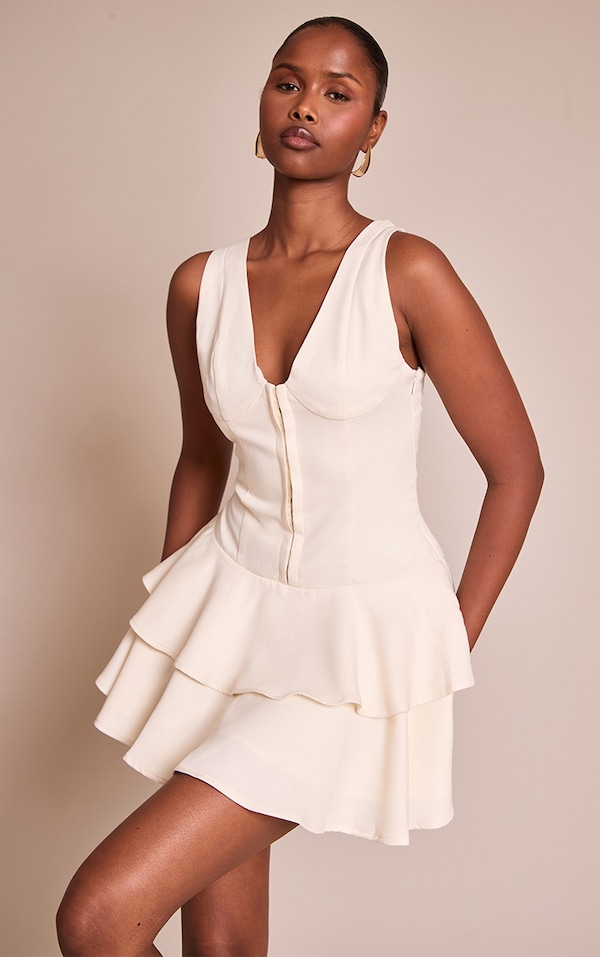Cream Woven Corset Detail Tiered Mini Dress