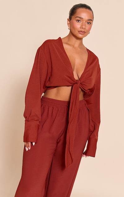 Shape Deep Red Hammered Satin Front Tie Shirt