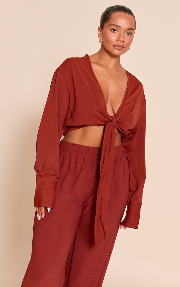 Shape Deep Red Hammered Satin Front Tie Shirt