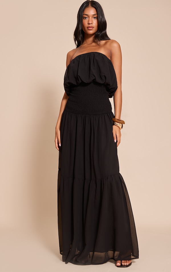 Tall Robe bustier longue en mousseline de soie noire à taille froncée