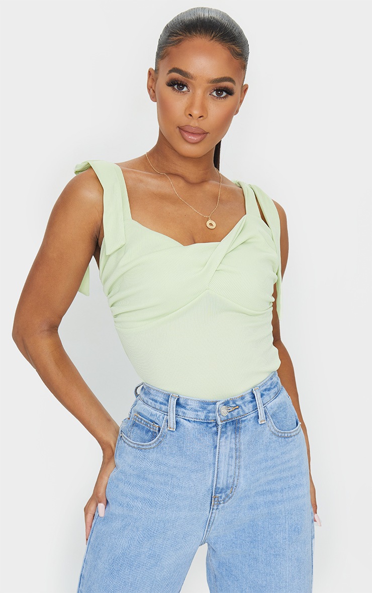 Sage Green Rib Tie Sleeve Crop Top