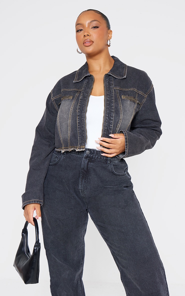 Plus Washed Black Frayed Hem Detail Crop Denim Jacket