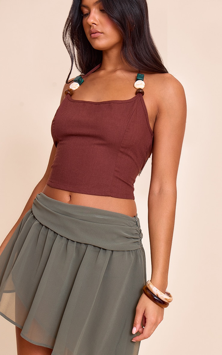 Khaki Chiffon Fold Over Detail Floaty Mini Skirt image 4