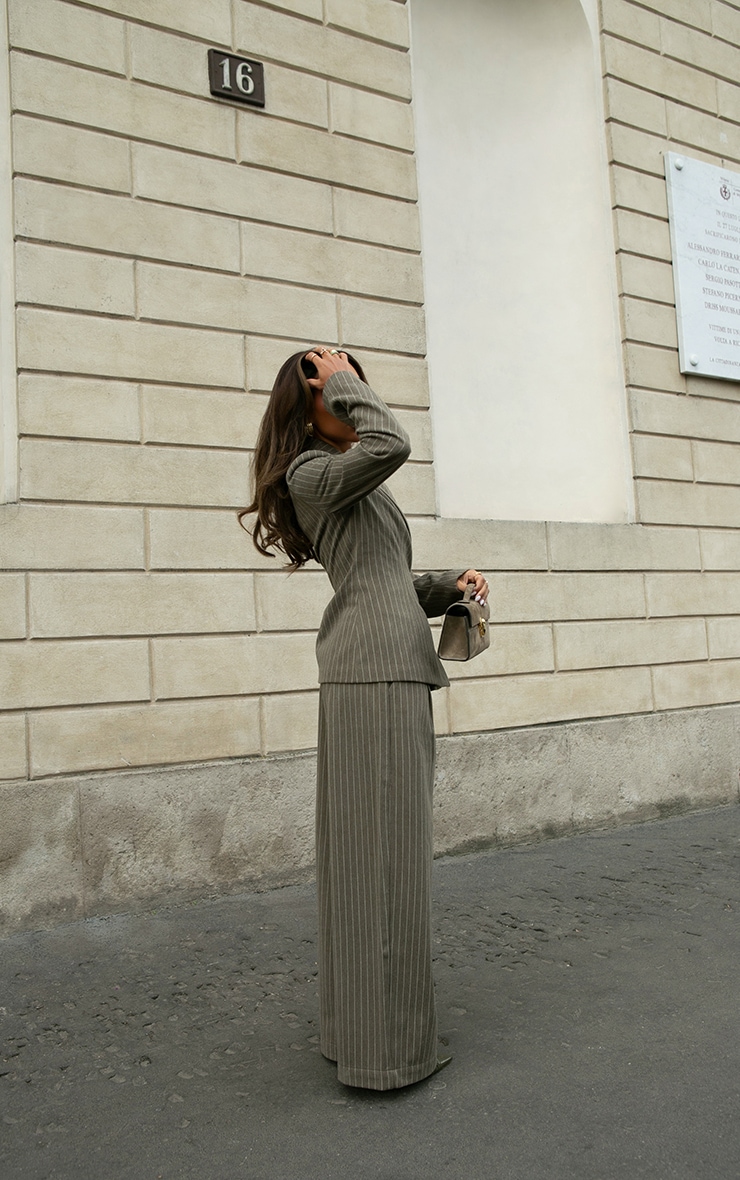 Khaki Pinstripe Pleated Straight Leg Trousers