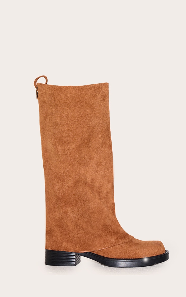 Camel Faux Suede Block Heeled Fold Over Knee High Boots image 5