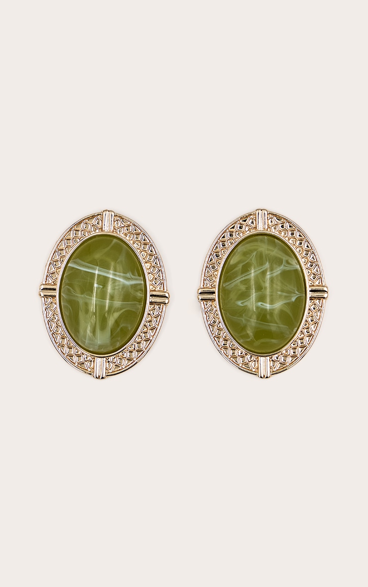 Boucles d'oreilles XXL dorées à pierre en résine vert jade image 2