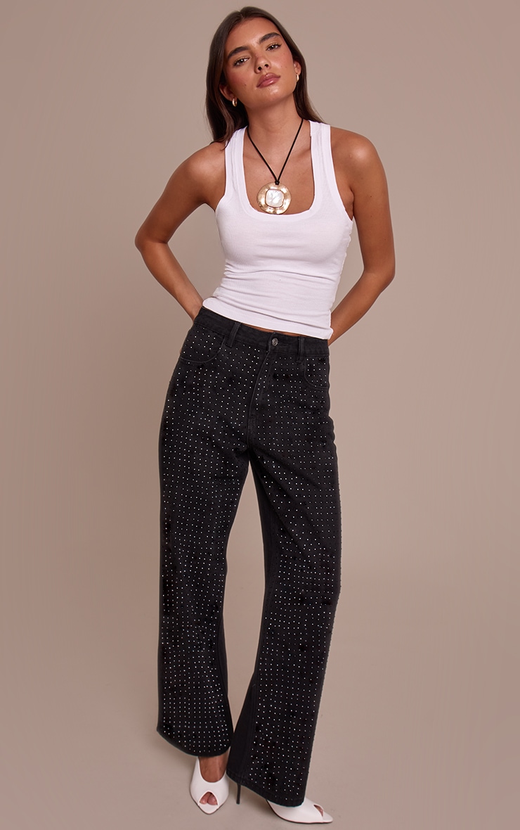 Black High Waist Diamante Straight Leg Denim Jeans image 1