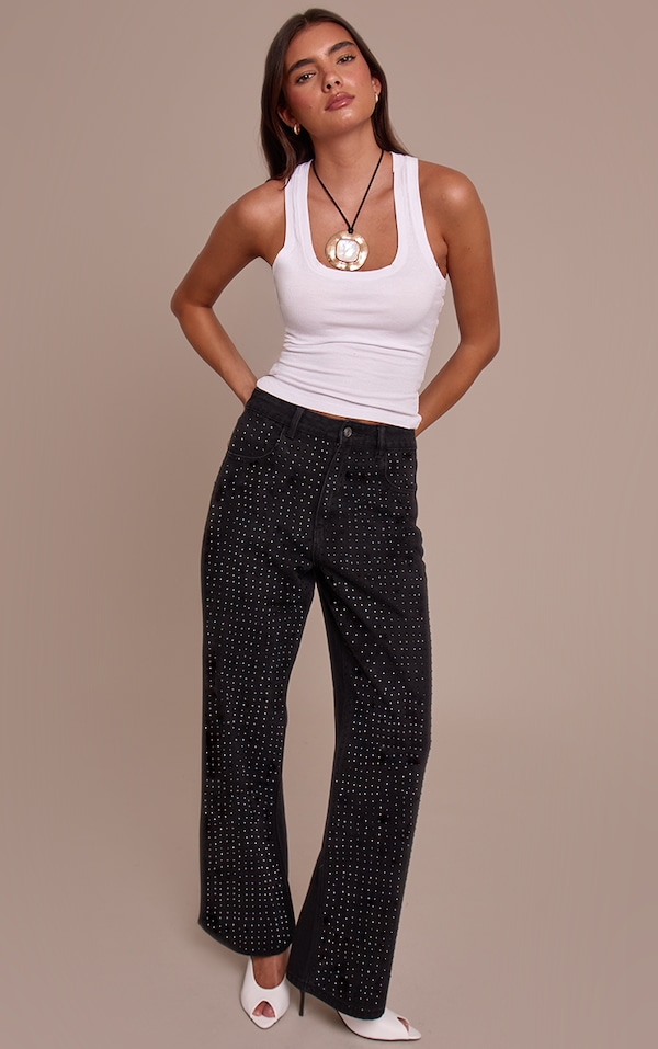 Black High Waist Diamante Straight Leg Denim Jeans