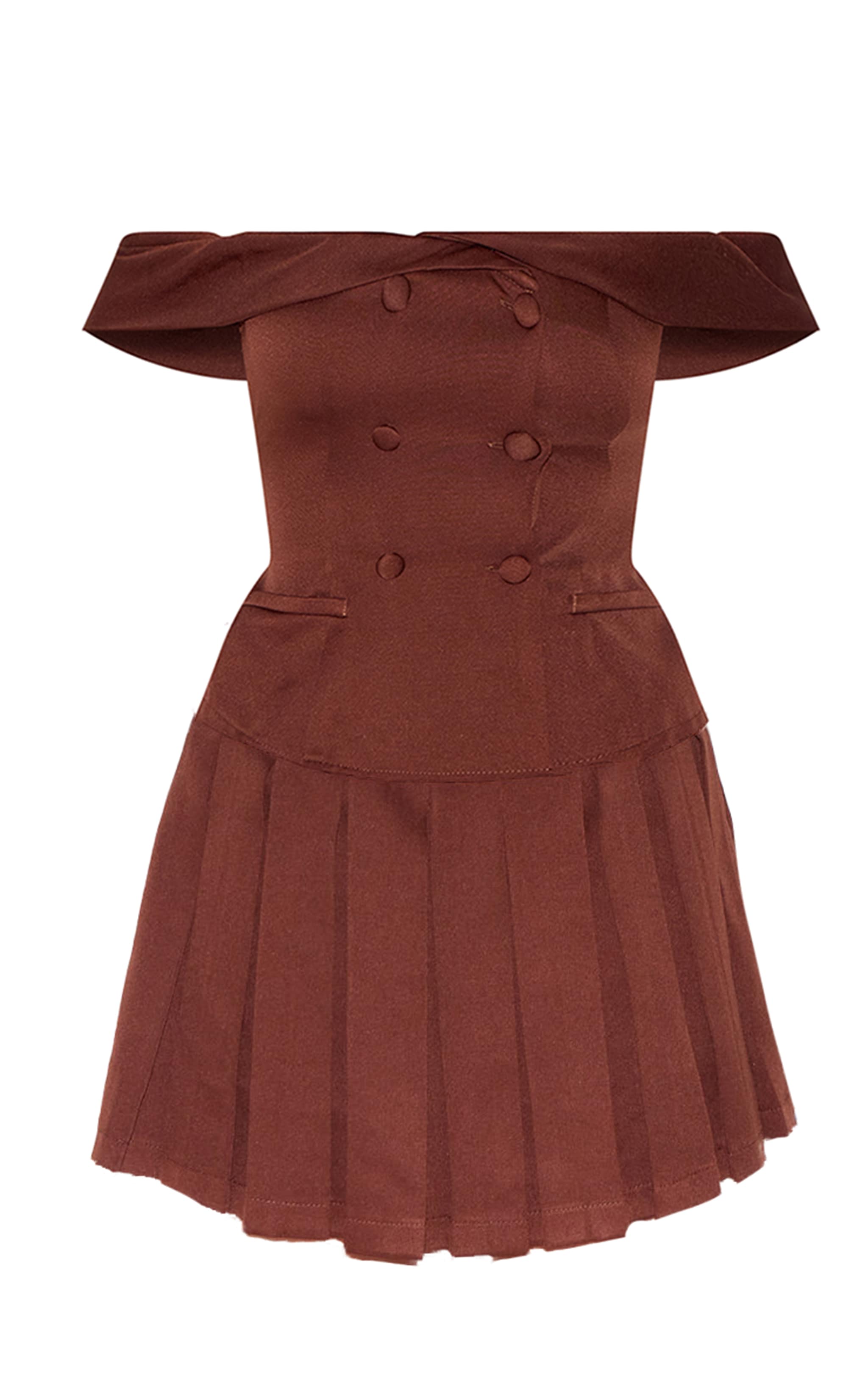 Chocolate Tailored Button Detail Bardot Pleated Skort Romper image 1