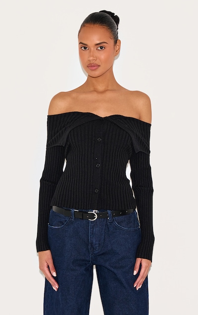 Top en maille tricot côtelée noire à boutons et détail replié