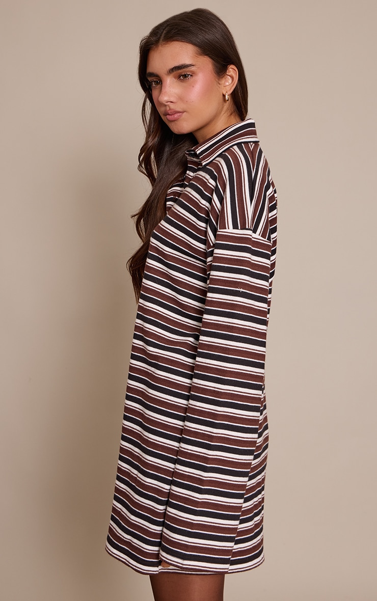 Brown Stripe Collar Long Sleeve Shift Dress image 2
