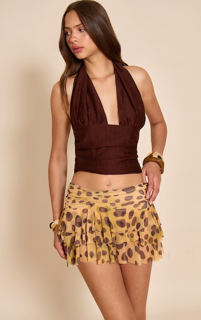 Yellow Leopard Printed Mesh Frilly Low Waist Mini Skirt