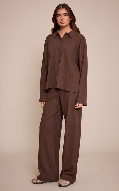 Dark Brown Heavy Rib Elasticated Waist Straight Leg Pants