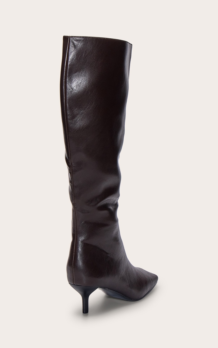 Chocolate Soft PU Snip Toe Kitten Heel Knee High Boot image 4