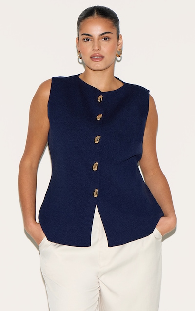 Gilet boutonné en maille tricot compacte bleu marine grande taille