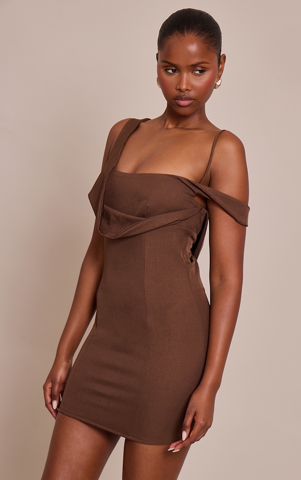 Chocolate Woven Drape Bodycon Mini Dress