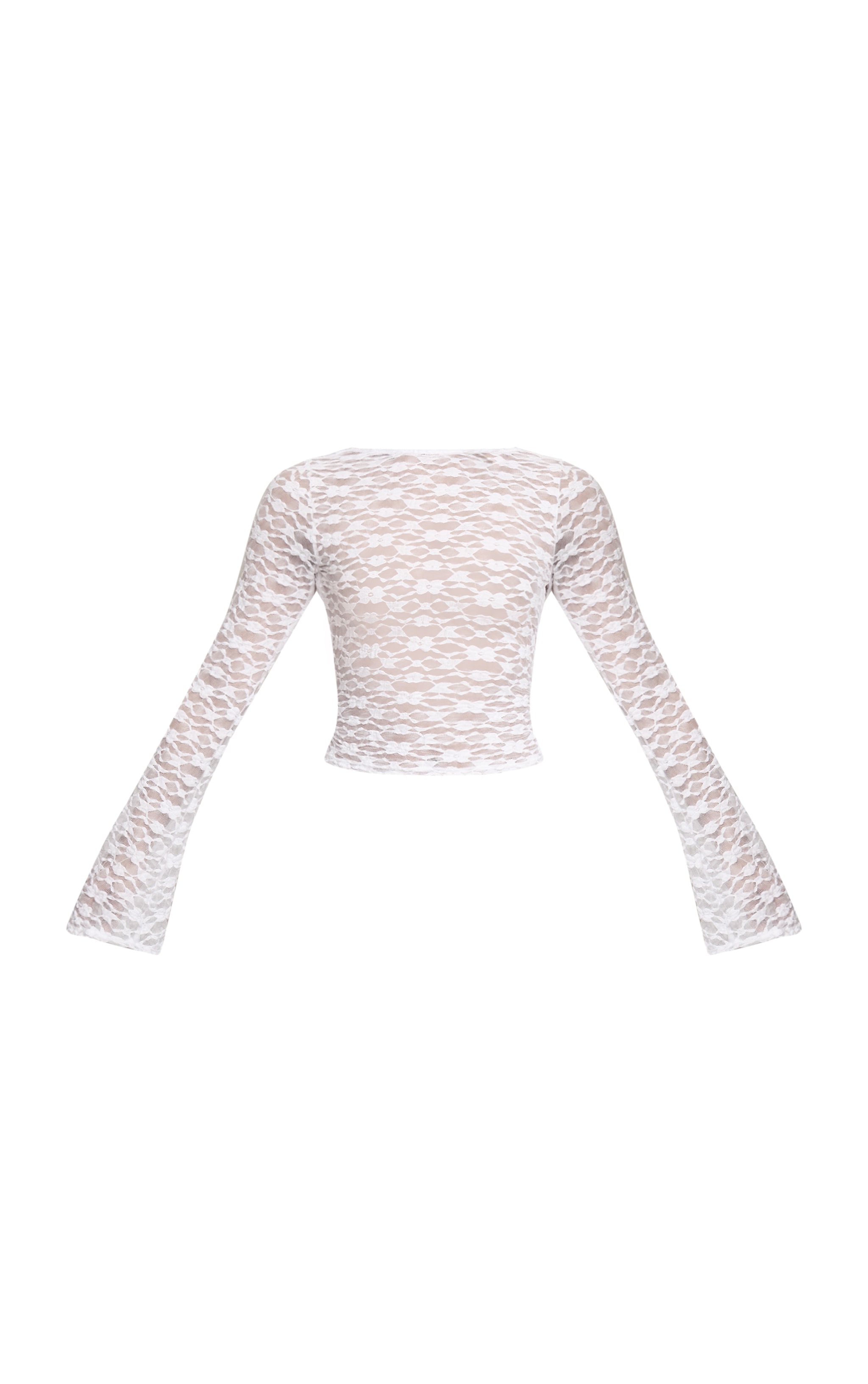 White Textured Lace Cowl Back Flared Long Sleeve Top image 5