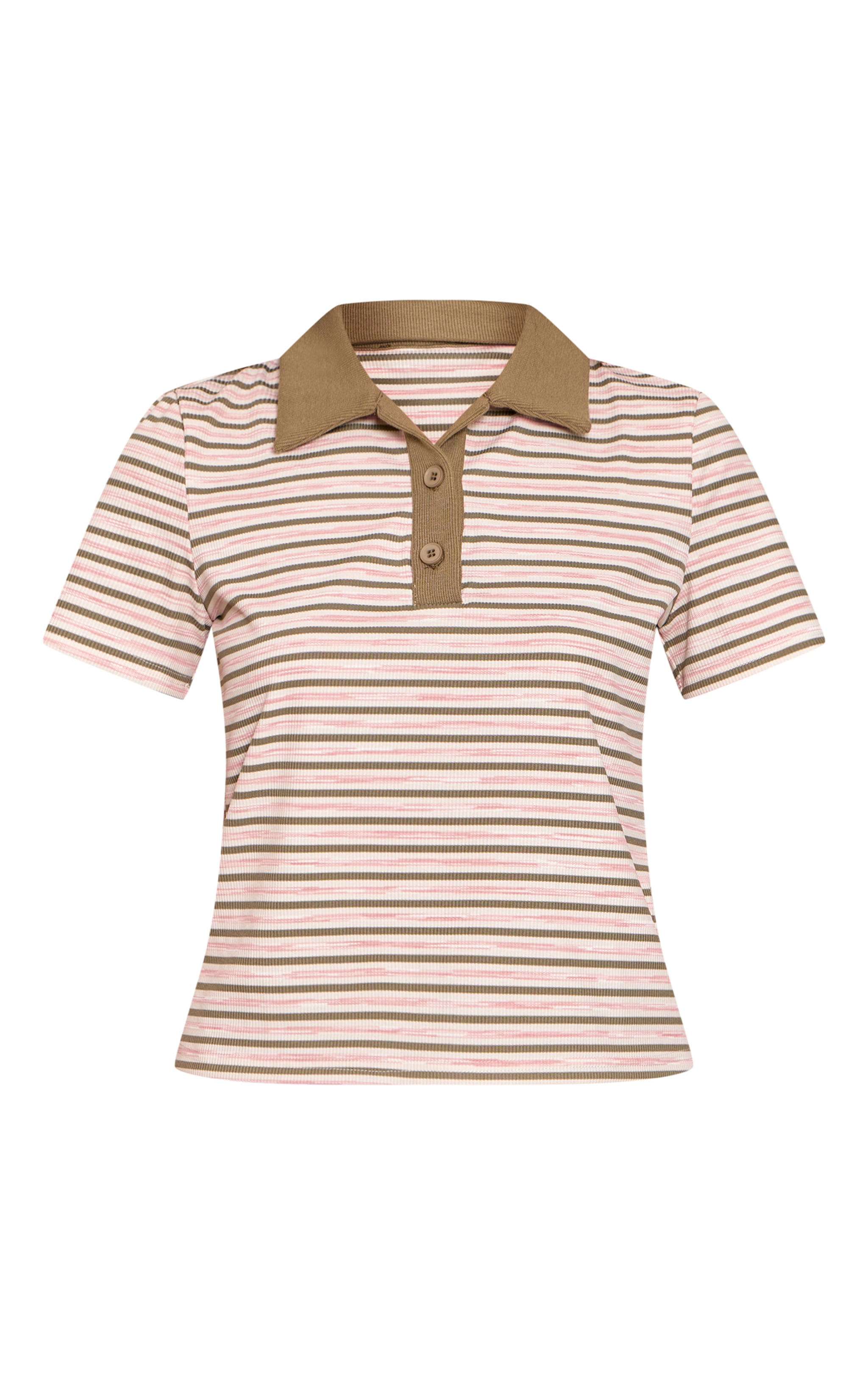 Khaki Soft Rib Striped Detail Collared Short Sleeve Top image 5