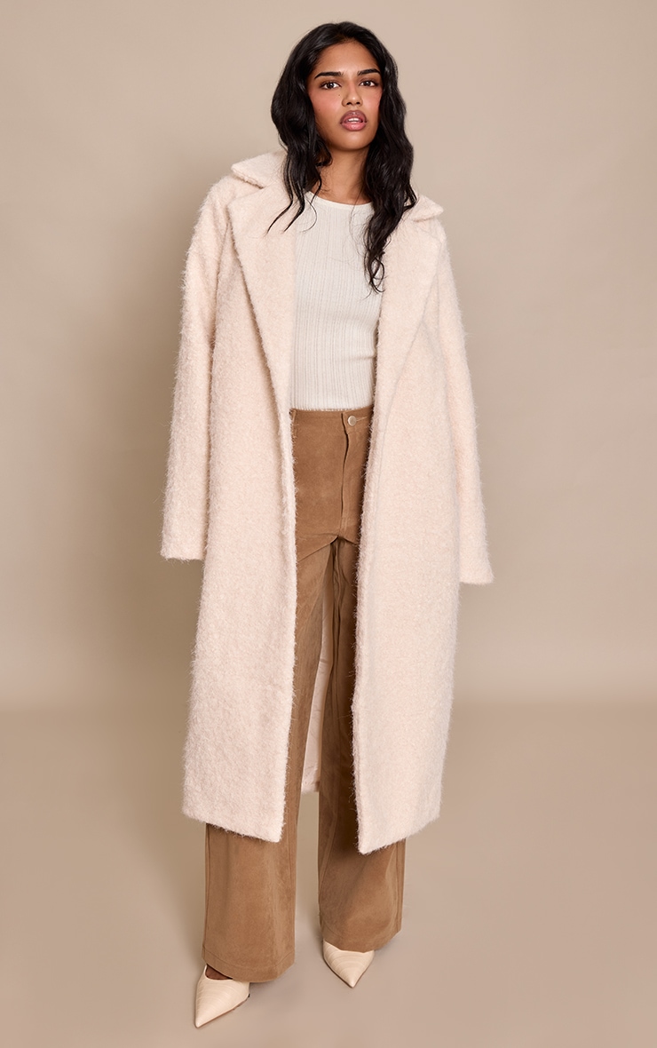 Petite Cream Borg Button Up Maxi Coat image 1