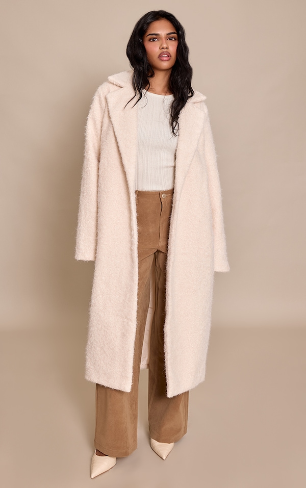 Petite Cream Borg Button Up Maxi Coat