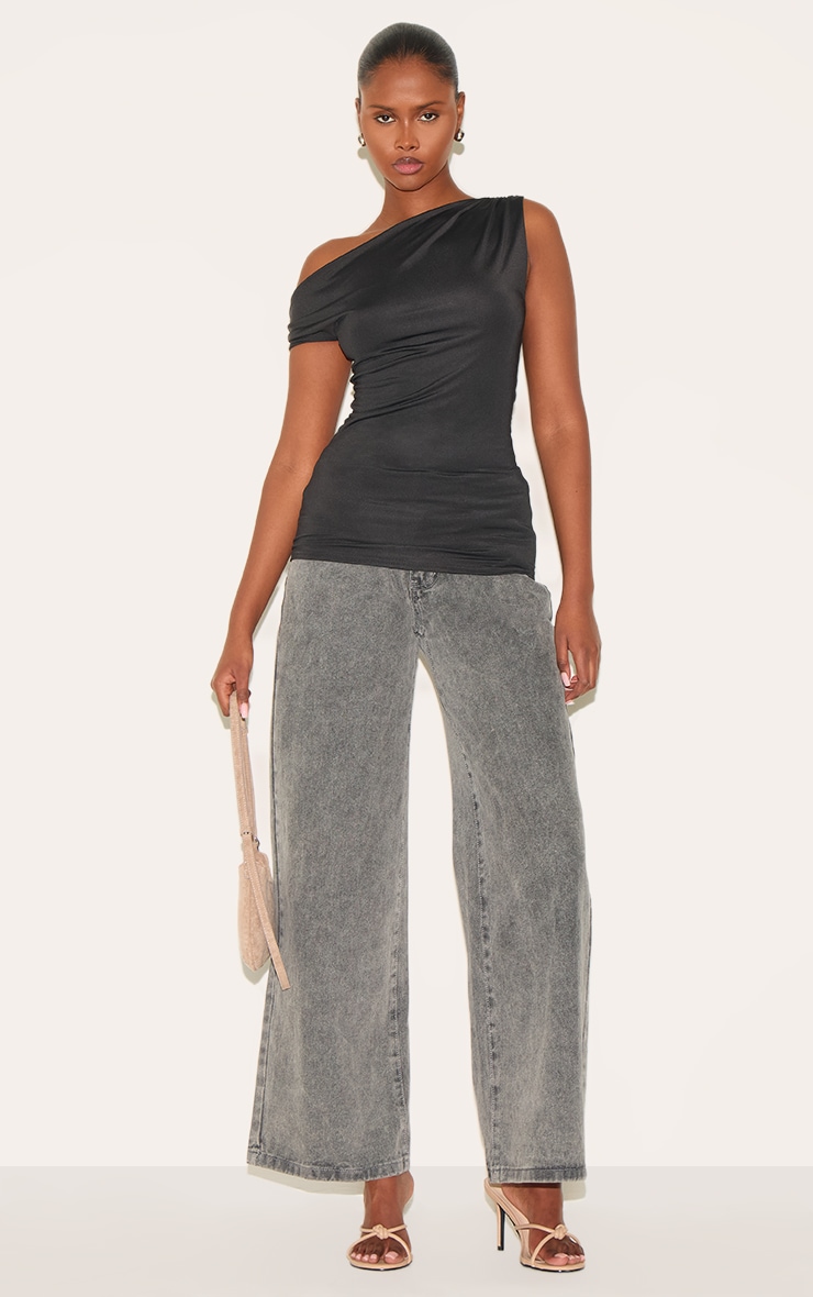 Black Slinky Asymmetric Ruched Detail Long Top image 3