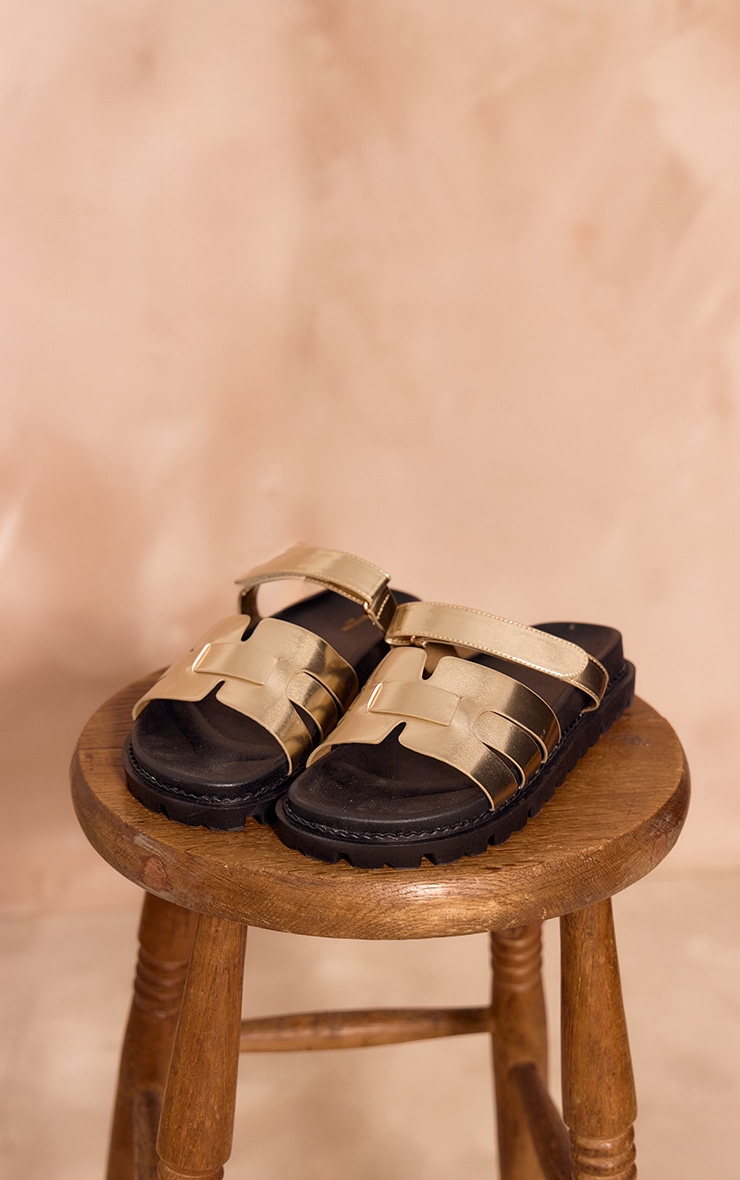 Gold Wide Fit Metallic PU Round Toe Velcro Strap Chunky Sandals image 4